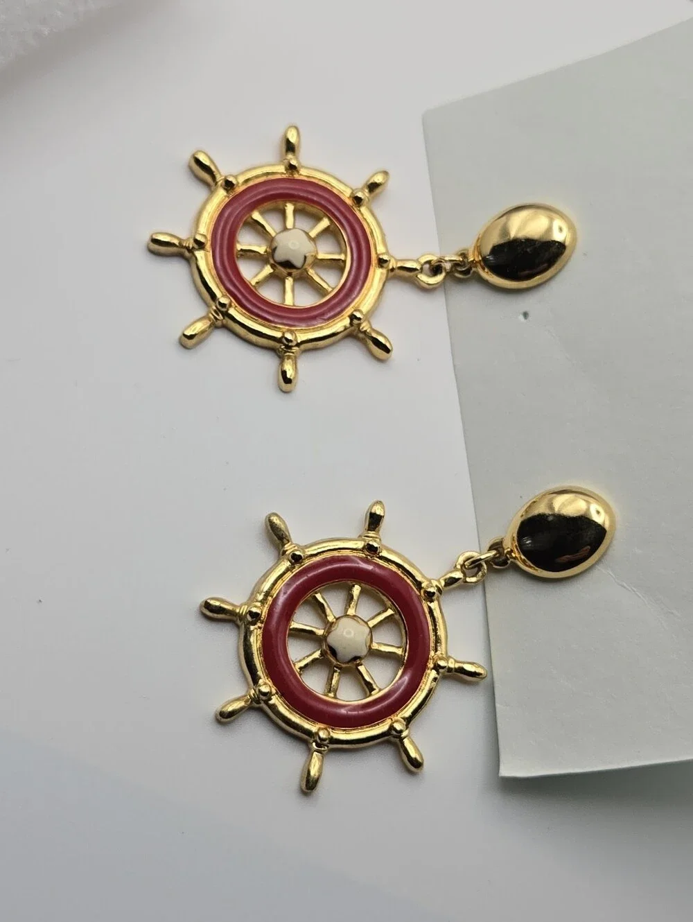 Avon Gold & Red Nautical Ship Wheel Earrings Vintage Style